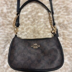 Coach Dark Brown Signature Shoulder Bag with Gold Hardware